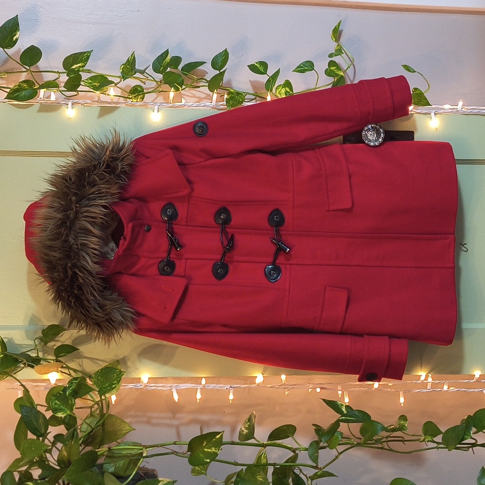 Women's Calvin Klein size 4 red toggle zip wool removable hood Winter coat S - Picture 1 of 17